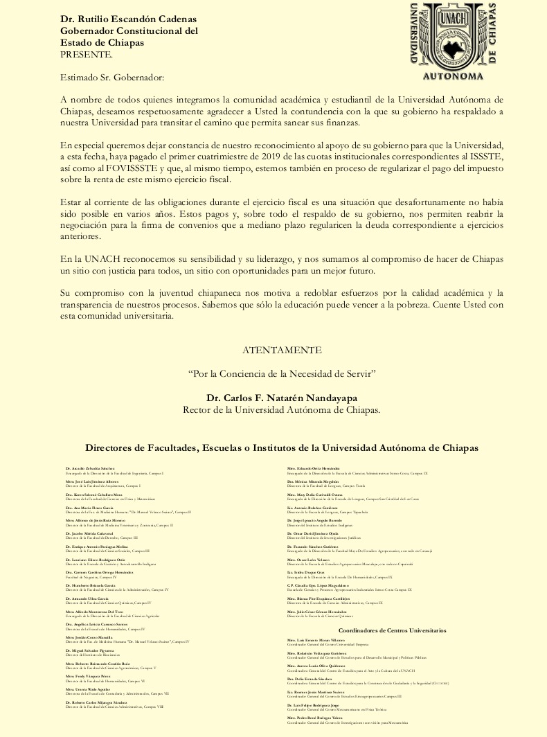 Agradecimiento al Dr. Rutilio Escandón Cadenas, Gobernador 