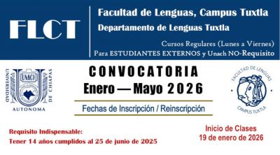 Cursos de idiomas Enero - Mayo 2026, Facultad de Lenguas Campus Tuxtla