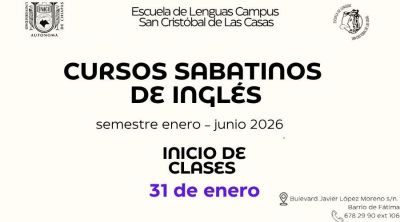 Cursos sabatinos de inglés enero - junio 2026, Escuela de Lenguas San Cristóbal