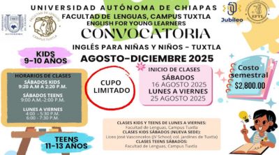 Inglés para niños y niñas agosto - diciembre 2025, Facultad de Lenguas Tuxtla